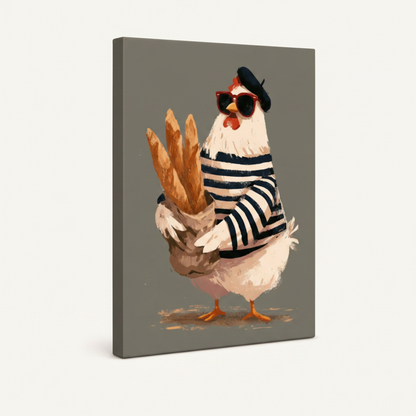Gallery-wrapped canvas of white chicken in beret and stripes holding baguette shown at angle on white background