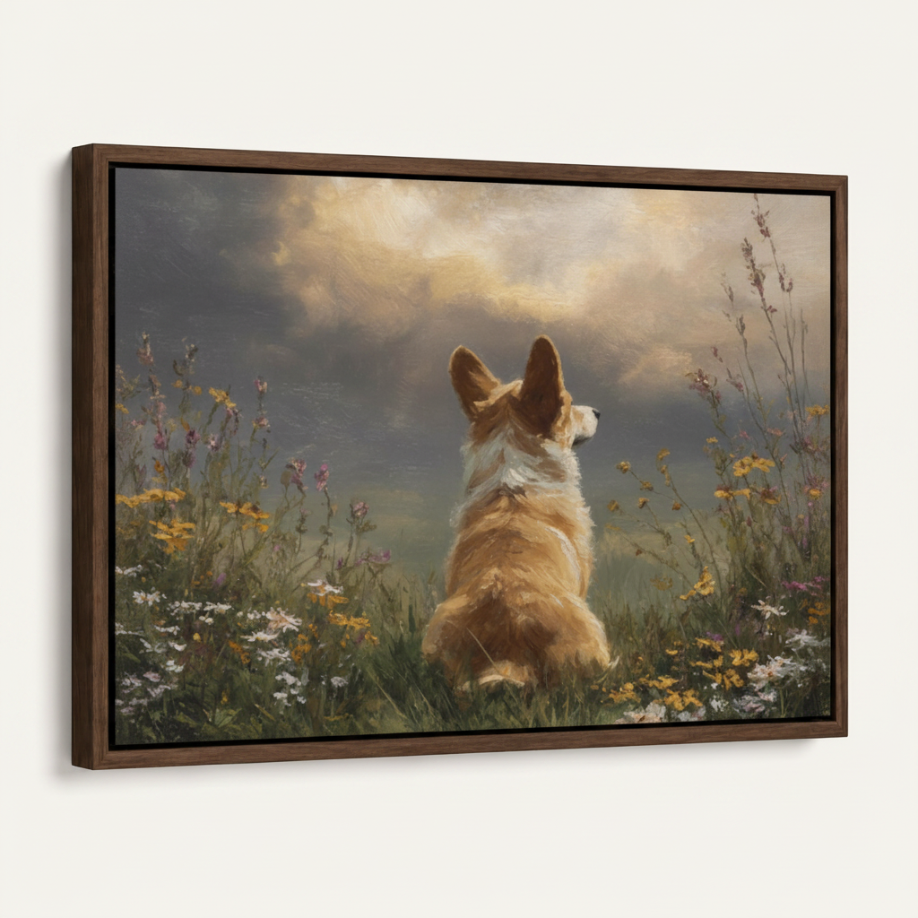 Framed corgi wildflower meadow canvas print in dark walnut float frame angled product view
