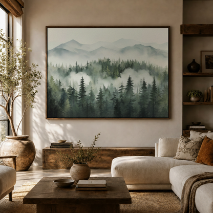 Watercolor pine forest wall art with layered mountains and fog styled on a living room sofa wall