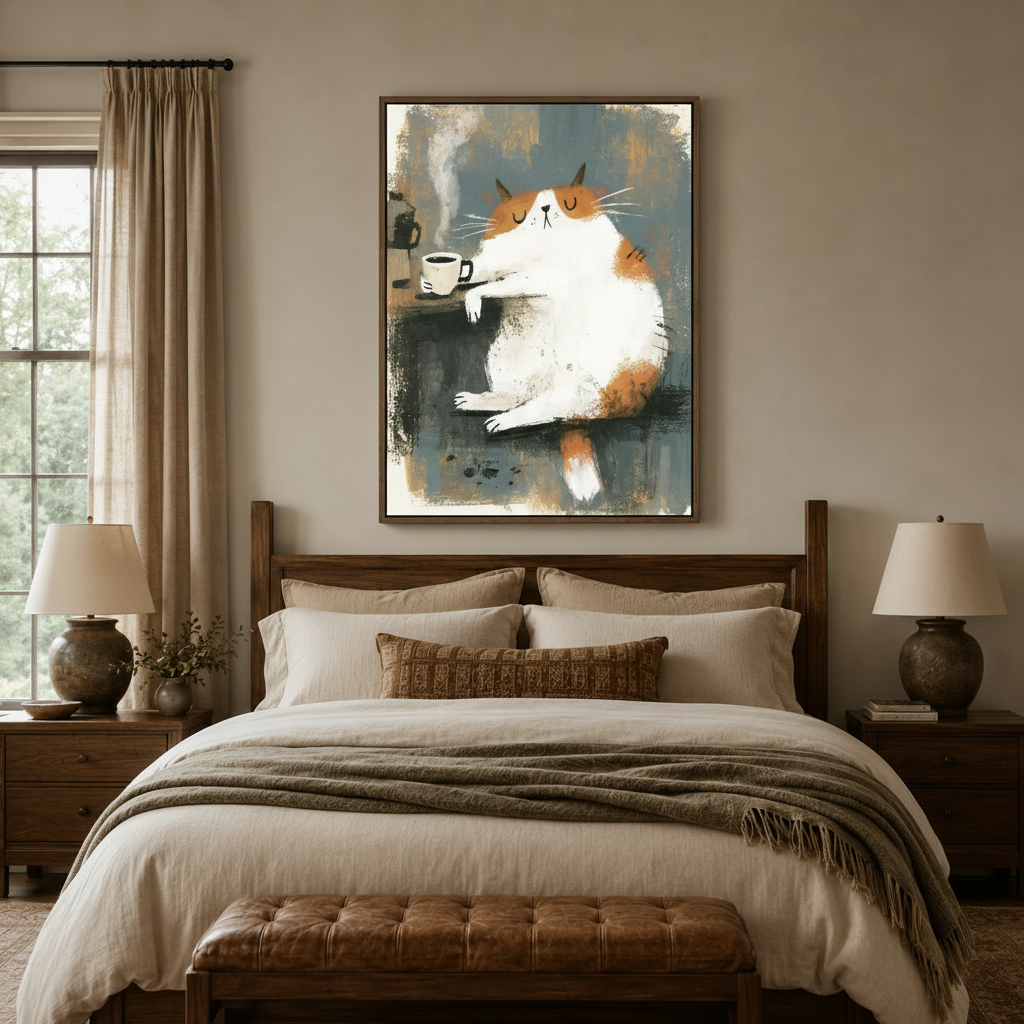 Whimsical fat cat coffee illustration canvas above dark walnut bed with cream bedding in cozy neutral bedroom