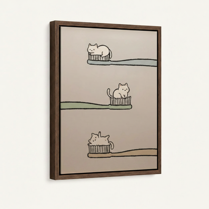 Three cats on toothbrush minimalist canvas in dark walnut float frame, 3/4 angle on off-white background