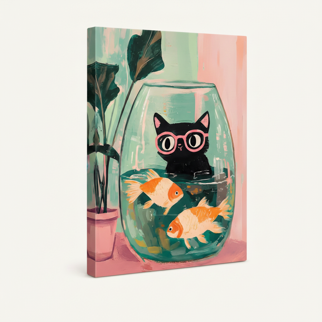 Gallery wrapped canvas side view of illustrated cat fishbowl wall art with goldfish and pink background
