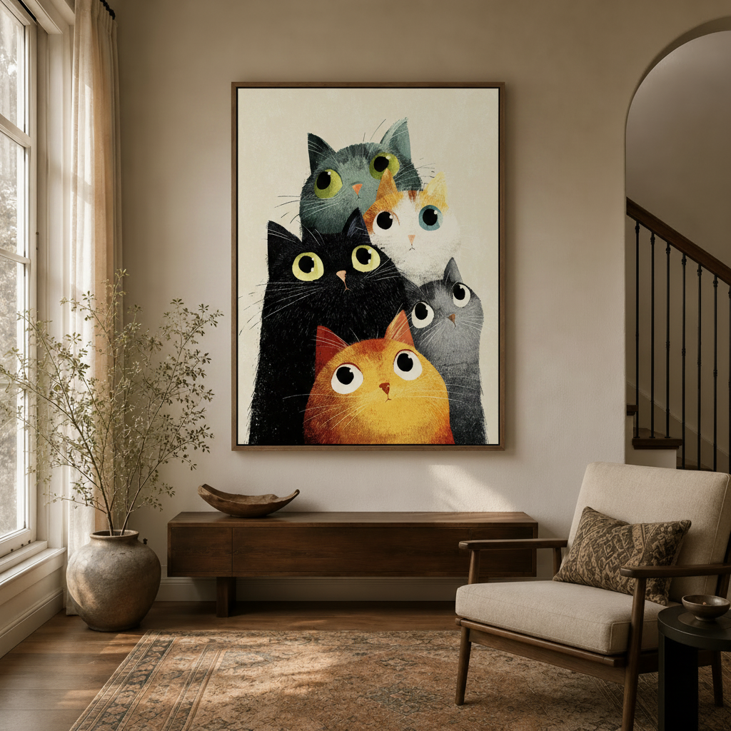 Funny cat watercolor wall art in entryway with arched doorway, linen chair, and natural wood console