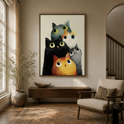 Funny cat watercolor wall art in entryway with arched doorway, linen chair, and natural wood console
