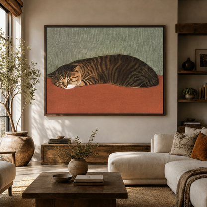 Minimalist loaf cat oil painting framed canvas displayed above sofa in neutral boho living room with olive tree