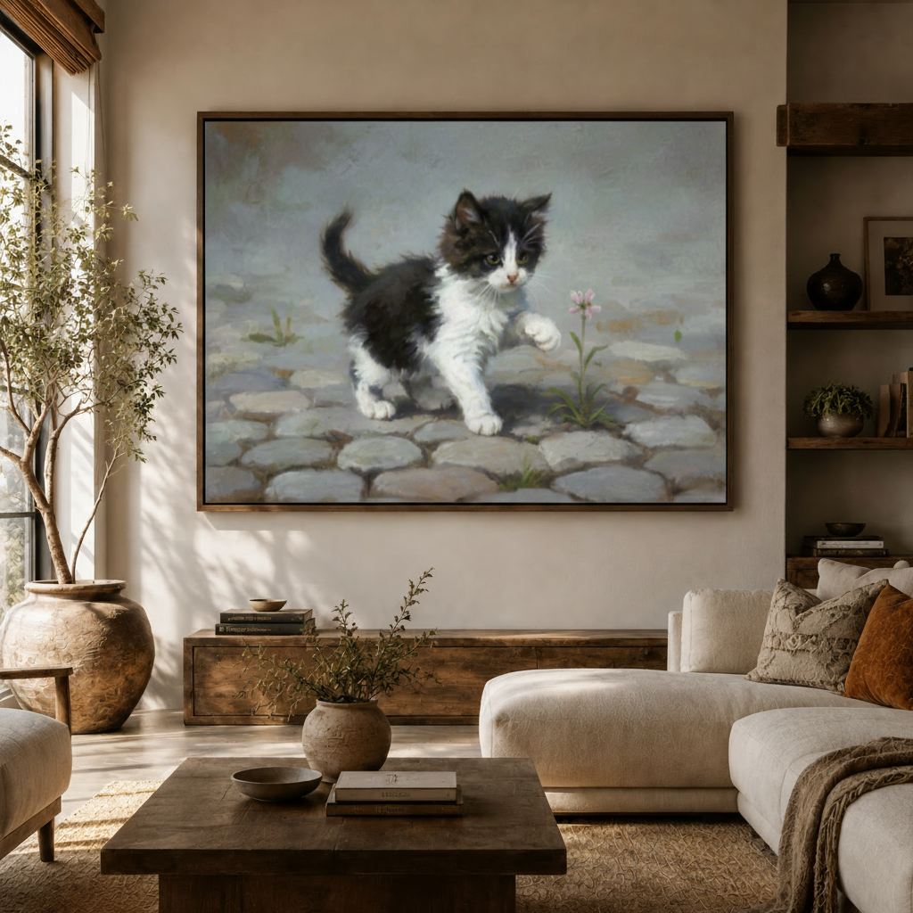 Black and white kitten wall art styled above a console in a cozy living room with white sofa and warm tones
