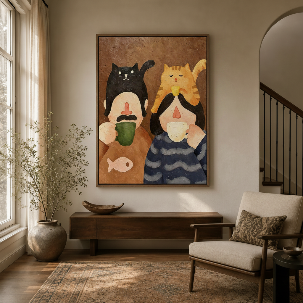 Whimsical animal canvas print of couple with cats hanging in hallway with float frame and arched doorway