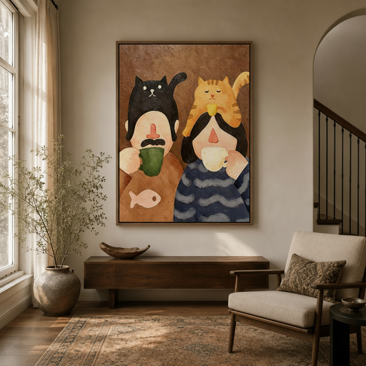 Whimsical animal canvas print of couple with cats hanging in hallway with float frame and arched doorway