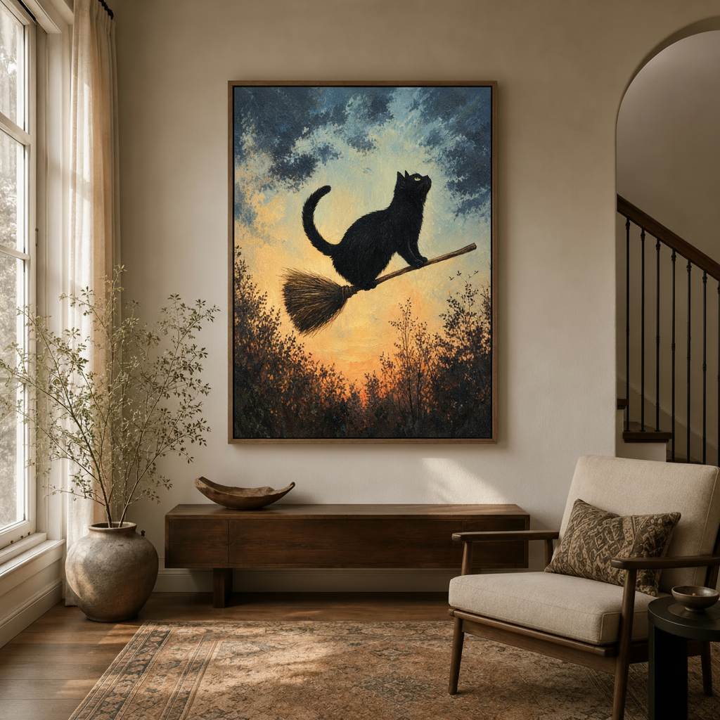 Moody witch cat canvas wall art styled in hallway entryway with warm ambient lighting