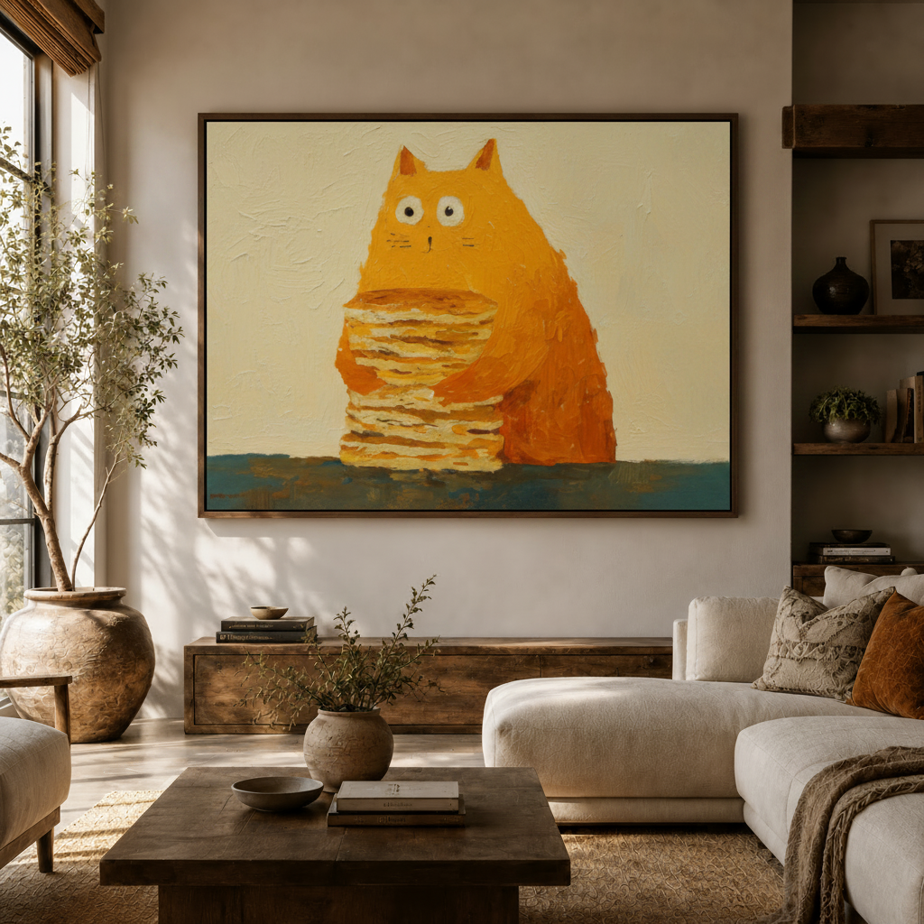 Whimsical orange cat hugging pancakes wall art displayed in cozy living room above sofa