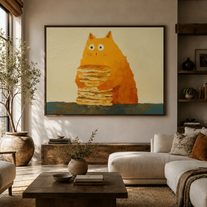 Whimsical orange cat hugging pancakes wall art displayed in cozy living room above sofa