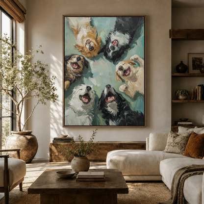 Expressive dog canvas print hanging in modern living room above wooden sideboard