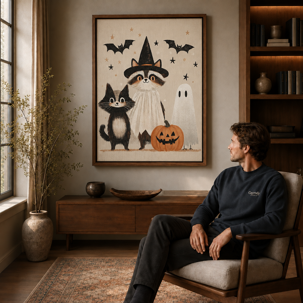 Walnut-framed Halloween cat and ghost artwork displayed in a warm living room beside a seated man.