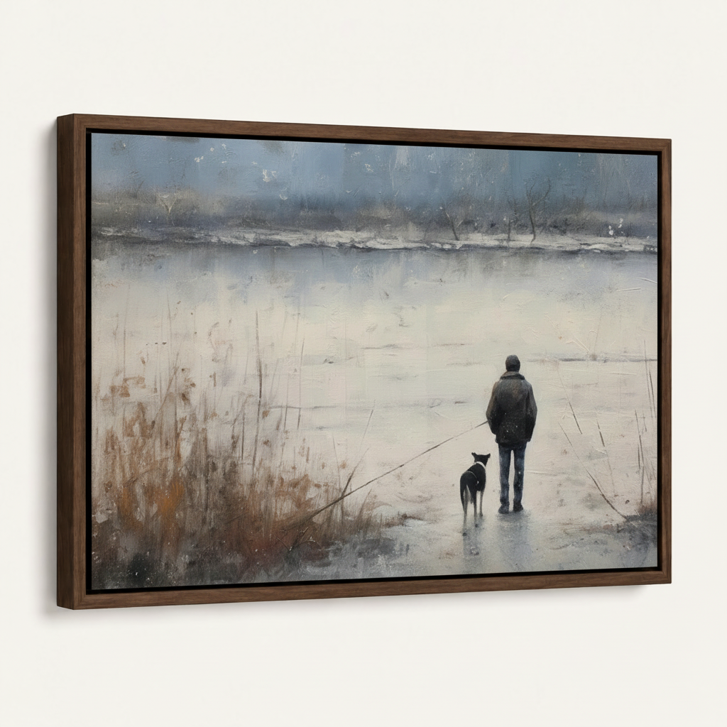 Angled side view of dark walnut framed winter landscape canvas showing moody blue and amber tones