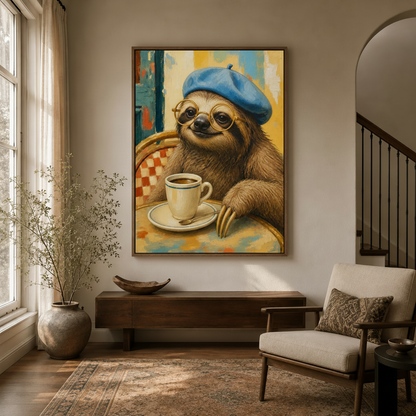 Whimsical sloth canvas wall art in float frame above entryway console table in warm transitional hallway