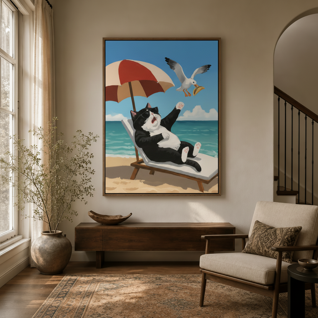 Bold tuxedo cat beach art canvas displayed in modern entryway hallway decor