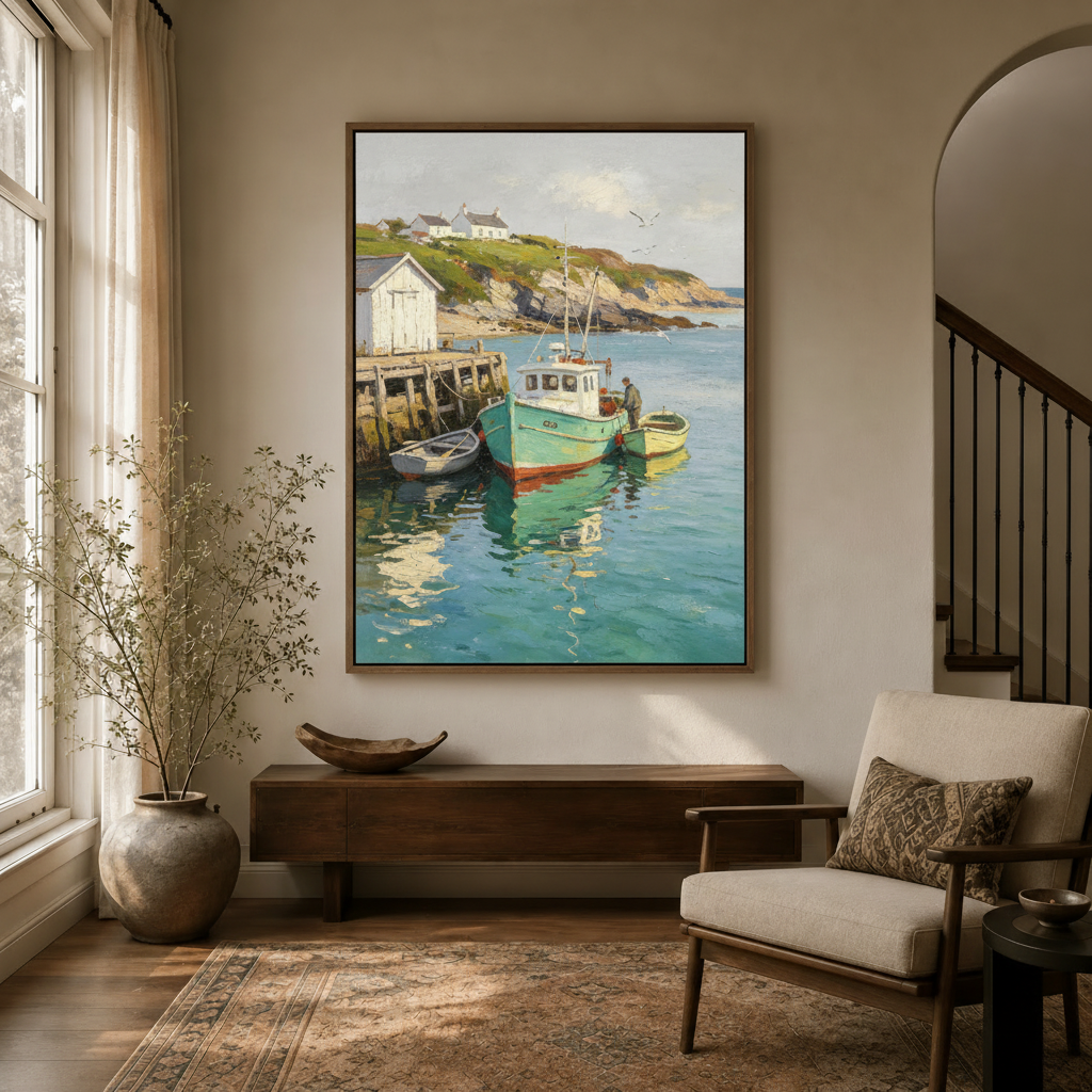 Coastal fishing boat oil painting wall art in modern entryway with walnut console and dried botanicals