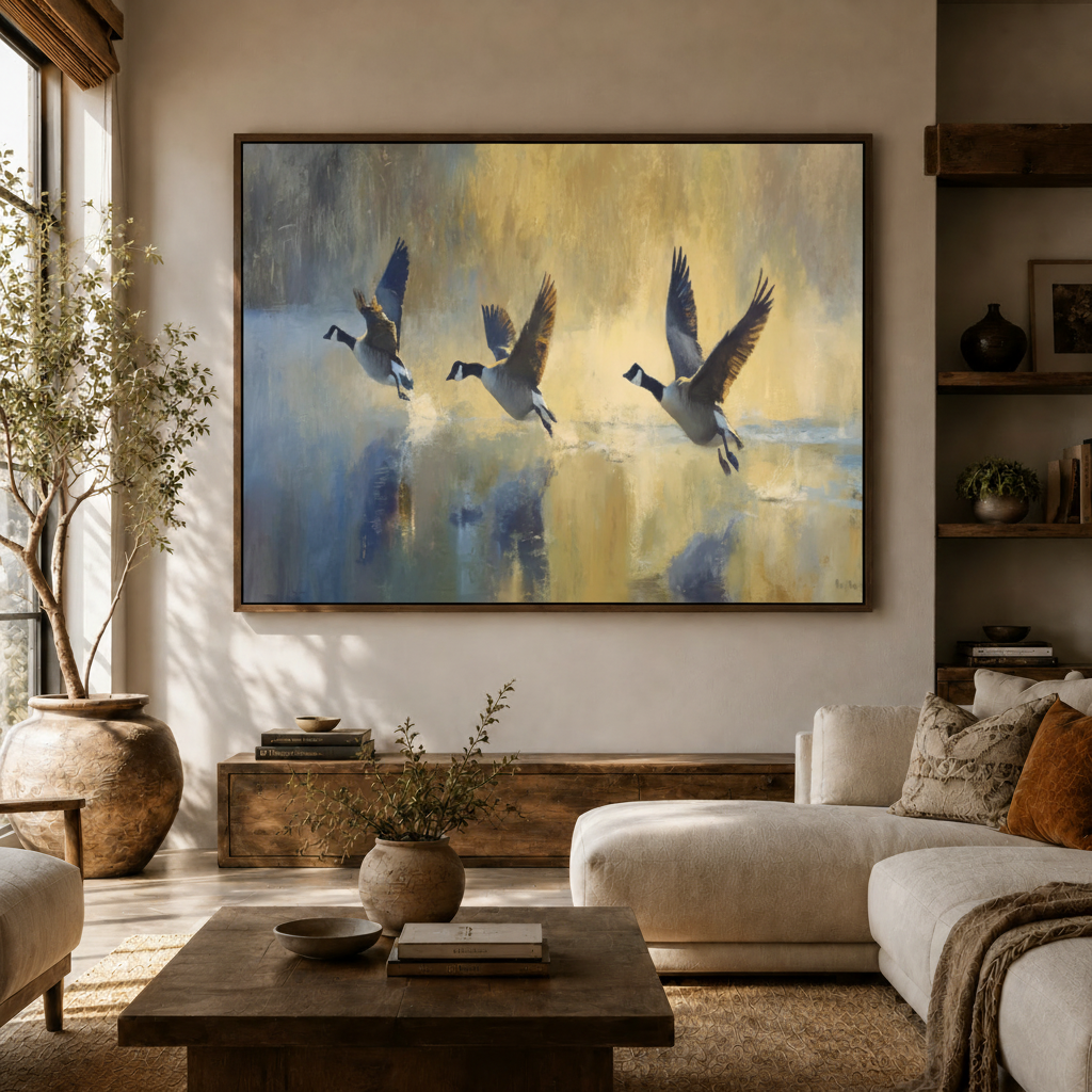Wildlife bird painting canvas hanging in a modern living room above a white sofa