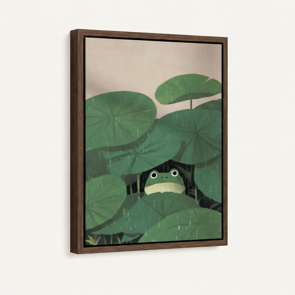 Cute frog lotus leaf rain canvas in dark walnut float frame, 3/4 angle on off-white background