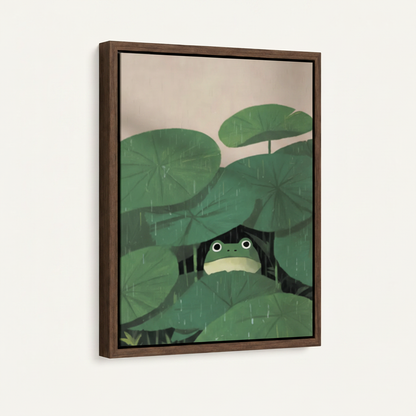 Cute frog lotus leaf rain canvas in dark walnut float frame, 3/4 angle on off-white background