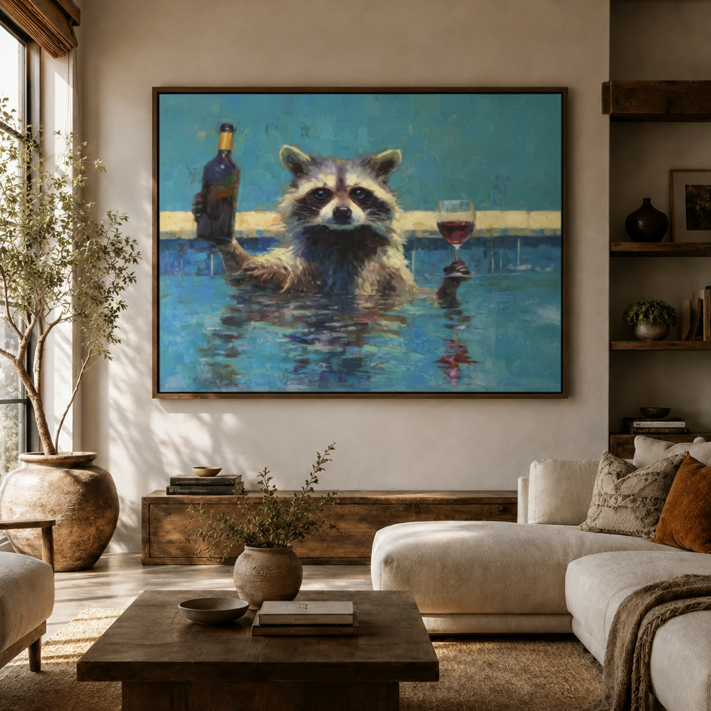 Funny raccoon wine painting large canvas hung above sideboard in modern boho living room