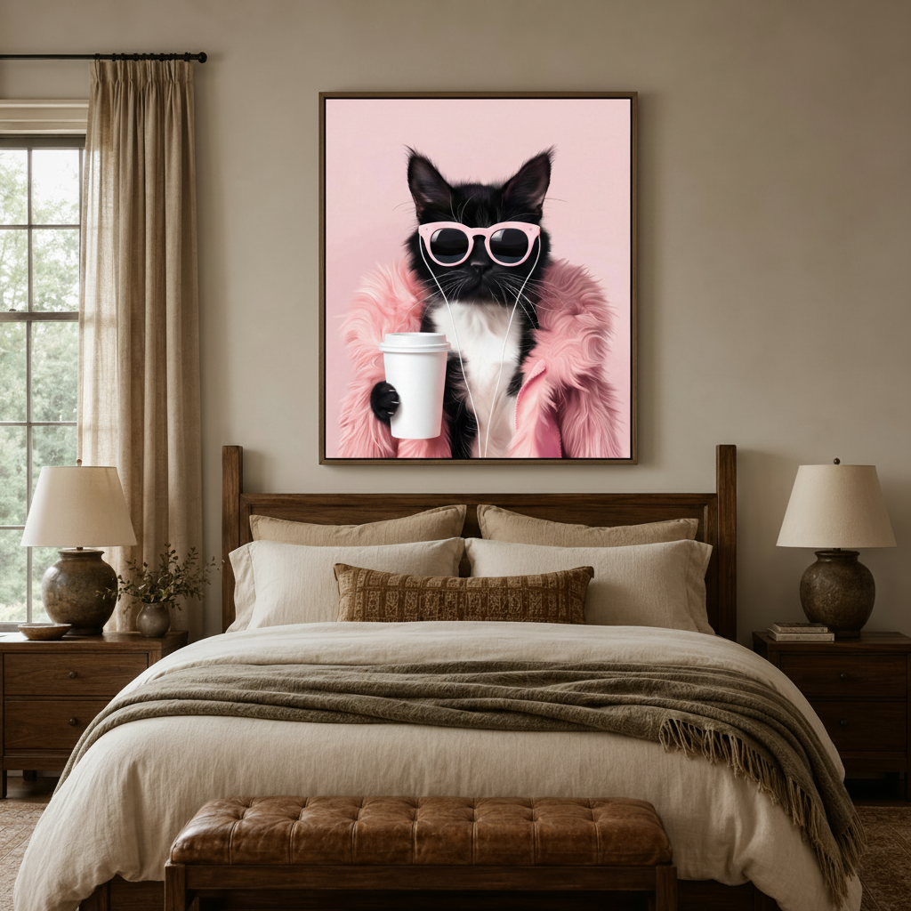 Stylish cat with pink sunglasses and fur coat canvas art above dark wood bed in cozy neutral bedroom