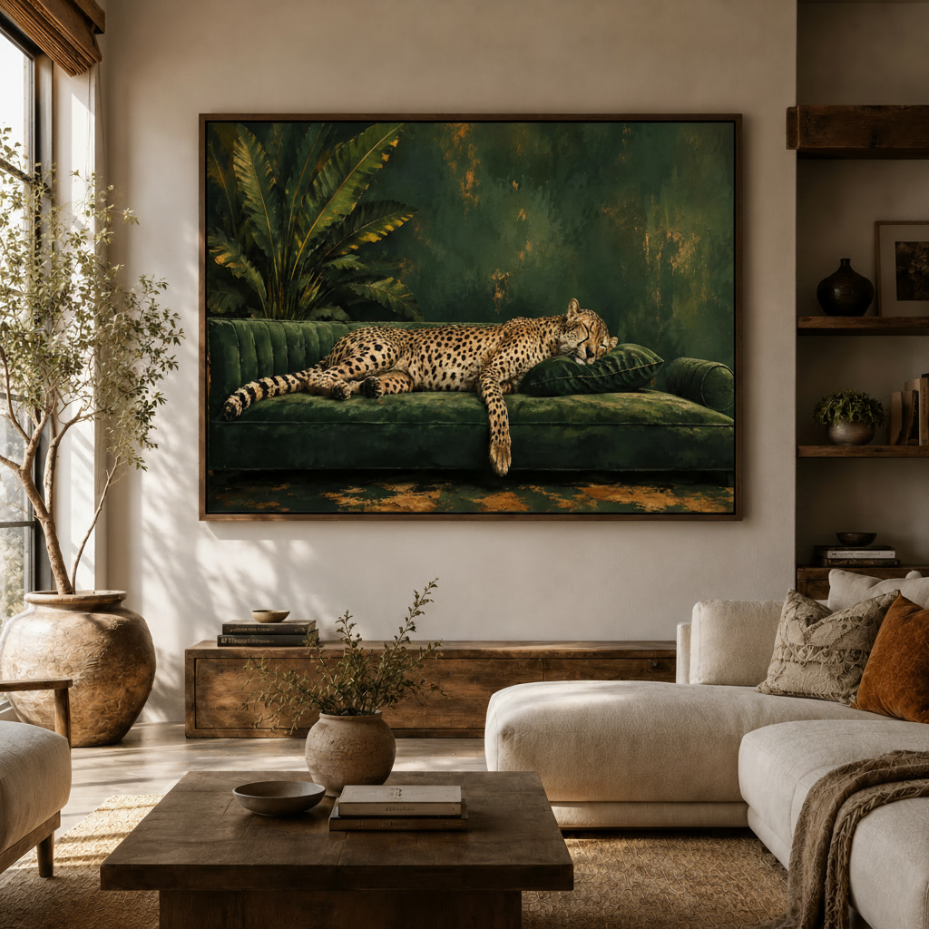Moody cheetah on green velvet sofa canvas print hanging in bright modern living room above white curved sofa