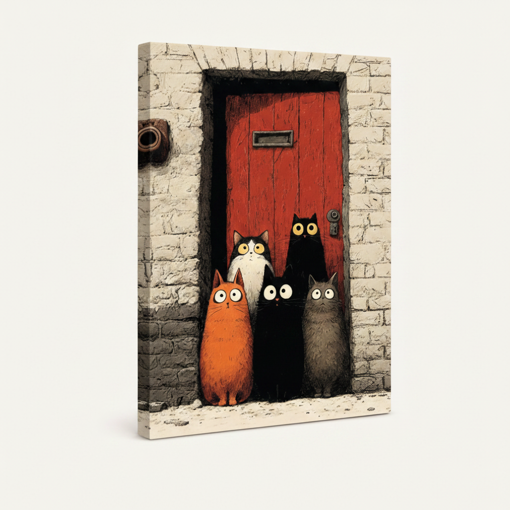 Gallery-wrapped canvas of five wide-eyed cats at rustic red door shown at angle on white background
