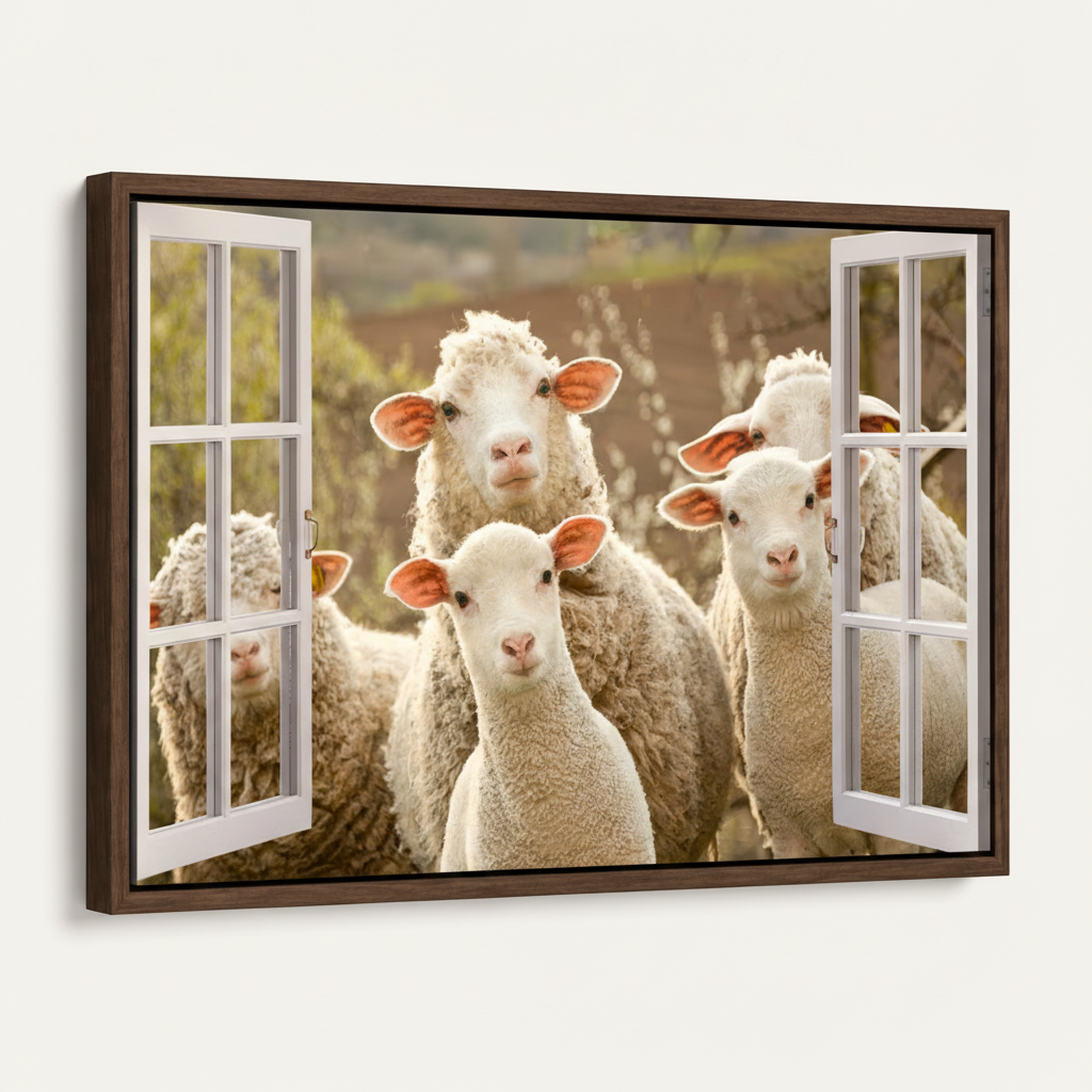 Framed sheep window farmhouse canvas print in dark walnut float frame angled product view