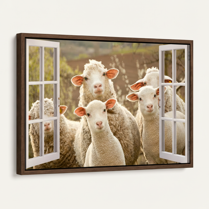 Framed sheep window farmhouse canvas print in dark walnut float frame angled product view