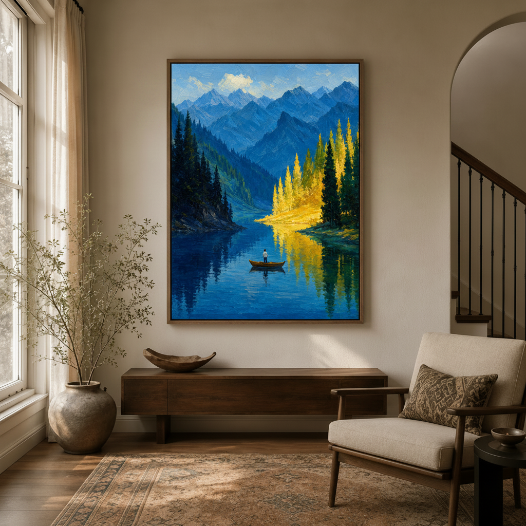 Framed mountain lake oil painting wall art in modern entryway with arched doorway