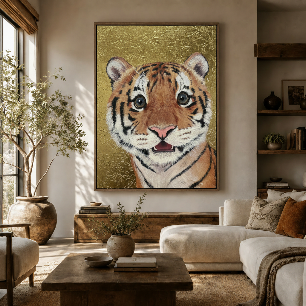 Tiger cub canvas wall art hung above a white sofa in a bright modern living room with natural light
