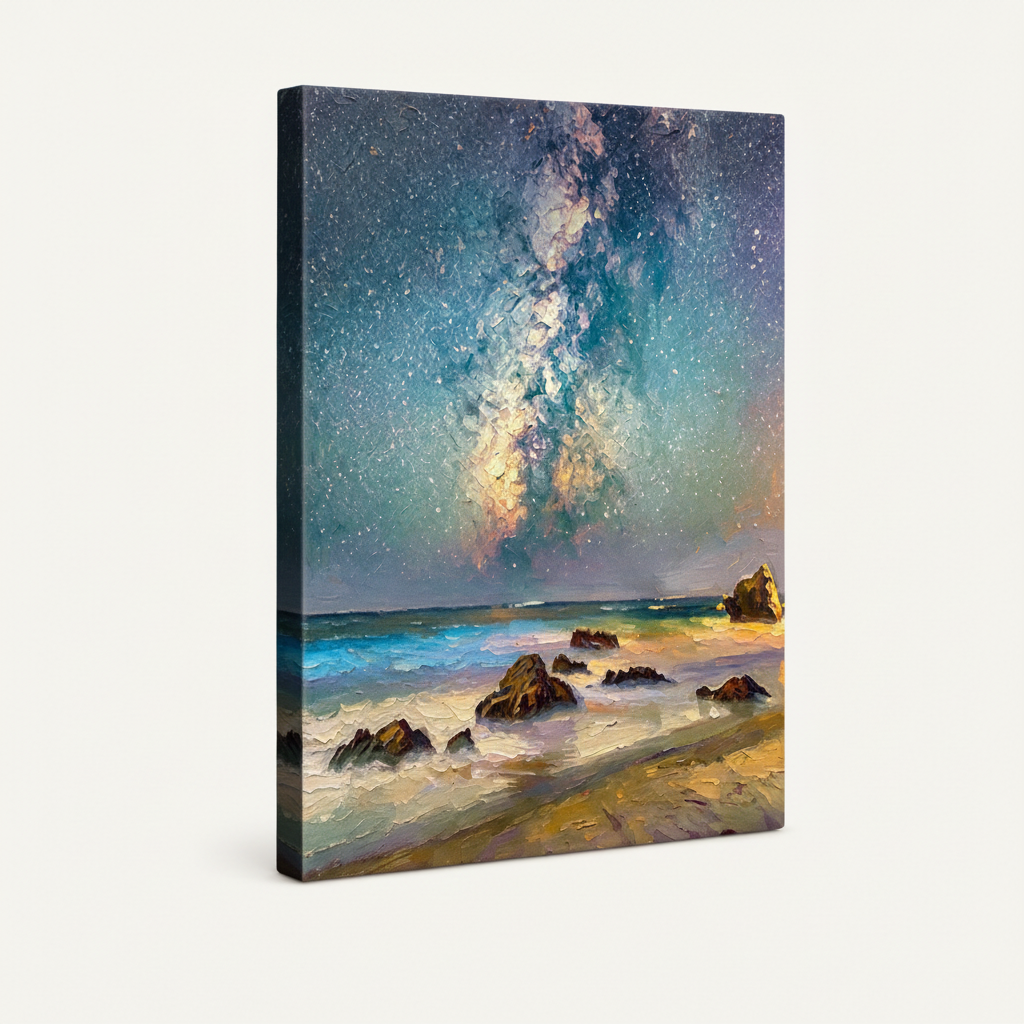 Gallery-wrapped galaxy beach canvas with dark wrap sides showing seamless edge continuation