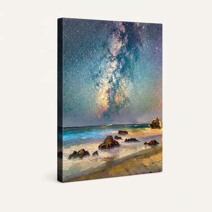 Gallery-wrapped galaxy beach canvas with dark wrap sides showing seamless edge continuation