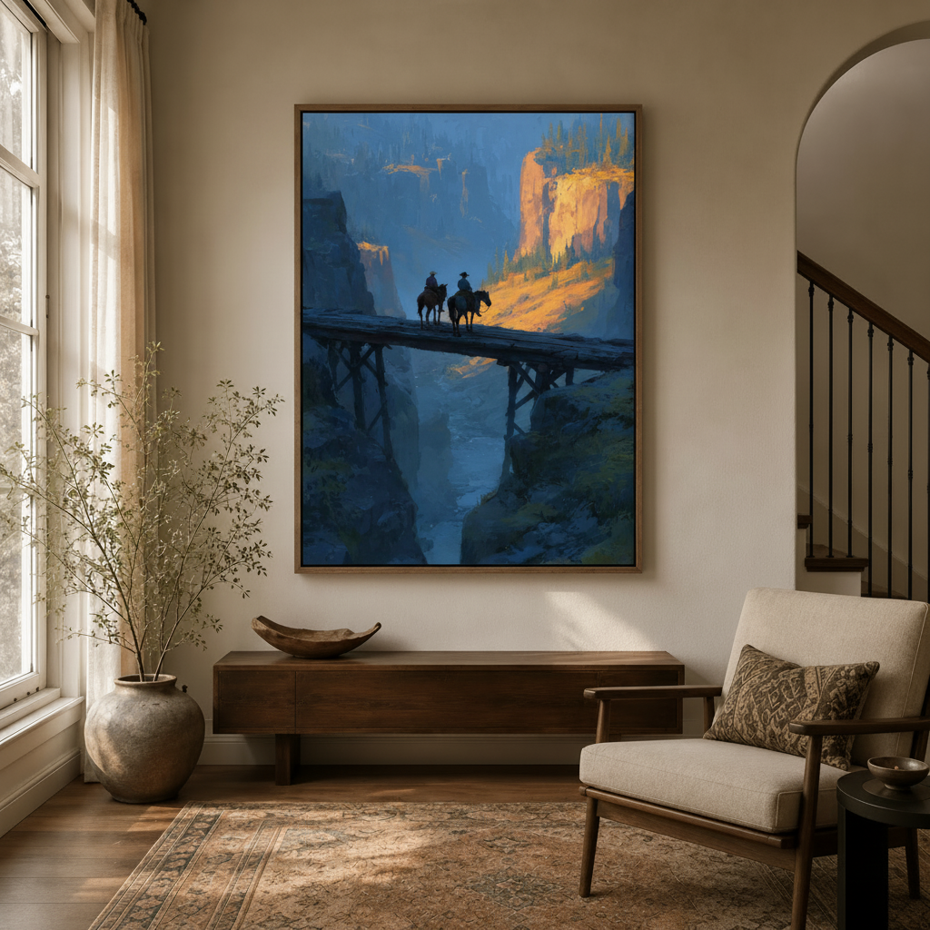 Framed cowboy western landscape oil painting hanging in minimalist entryway hallway decor