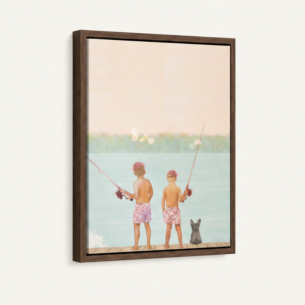 Two boys fishing French bulldog summer dock watercolor canvas in wide dark walnut float frame, 3/4 portrait angle
