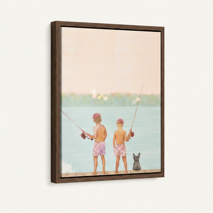 Two boys fishing French bulldog summer dock watercolor canvas in wide dark walnut float frame, 3/4 portrait angle