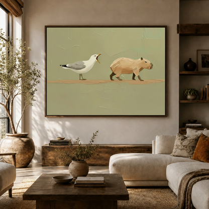 Funny flat-style animal illustration canvas hung above sideboard in modern boho living room