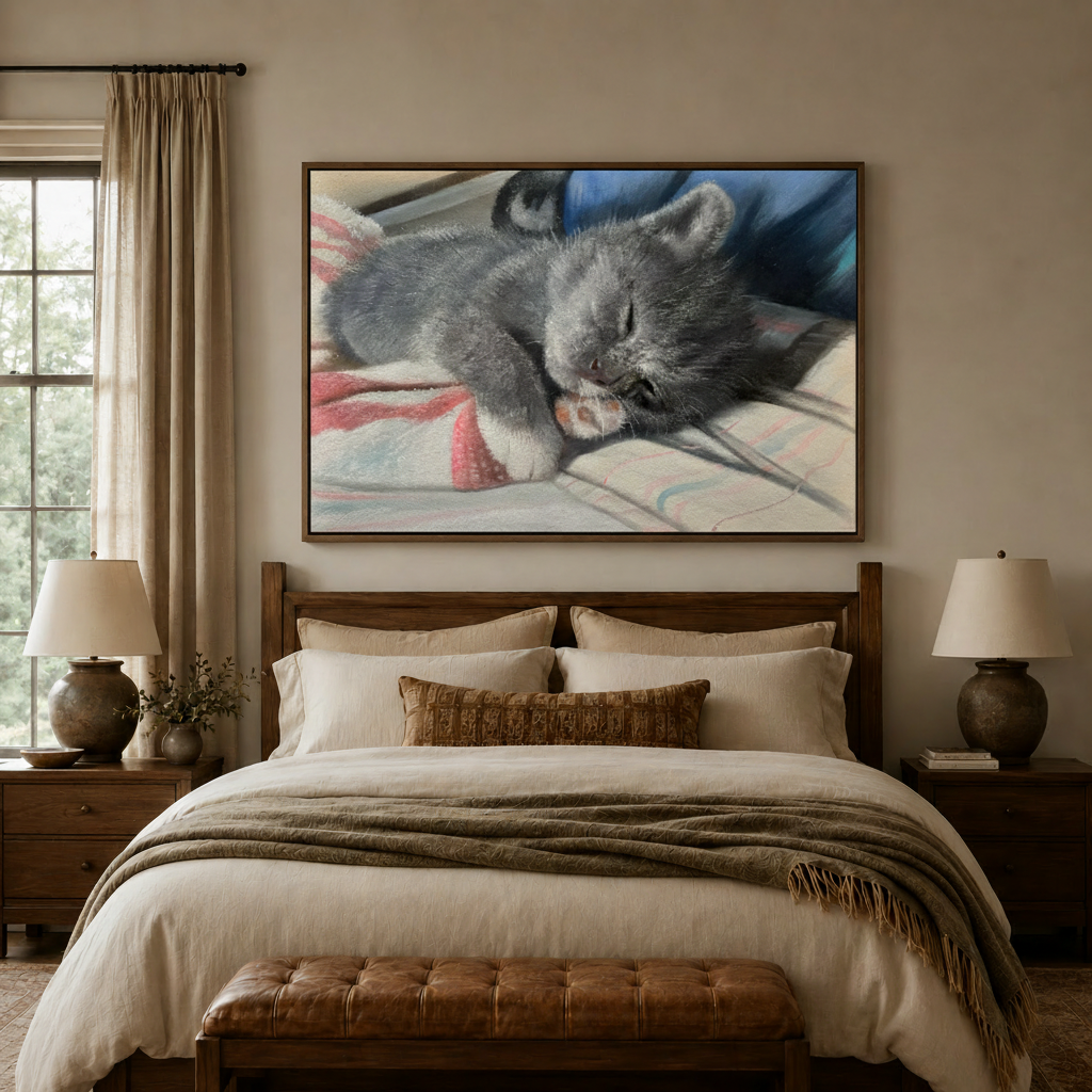 Cozy sleeping kitten canvas art above bed headboard in neutral bedroom interior