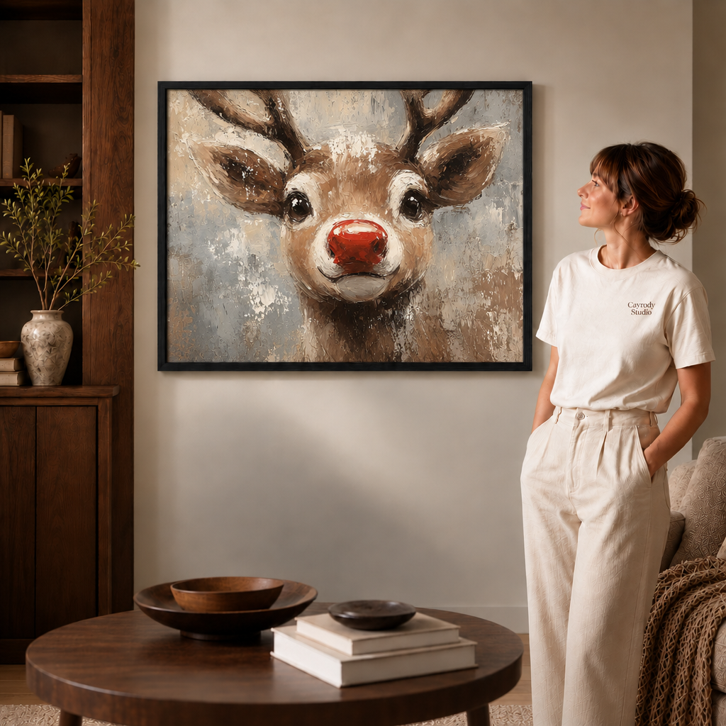 Painterly red-nosed reindeer canvas wall art in a thin black frame beside a woman in white