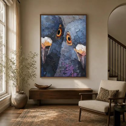 Framed impasto pigeon close-up portrait canvas wall art displayed in warm neutral entryway with staircase