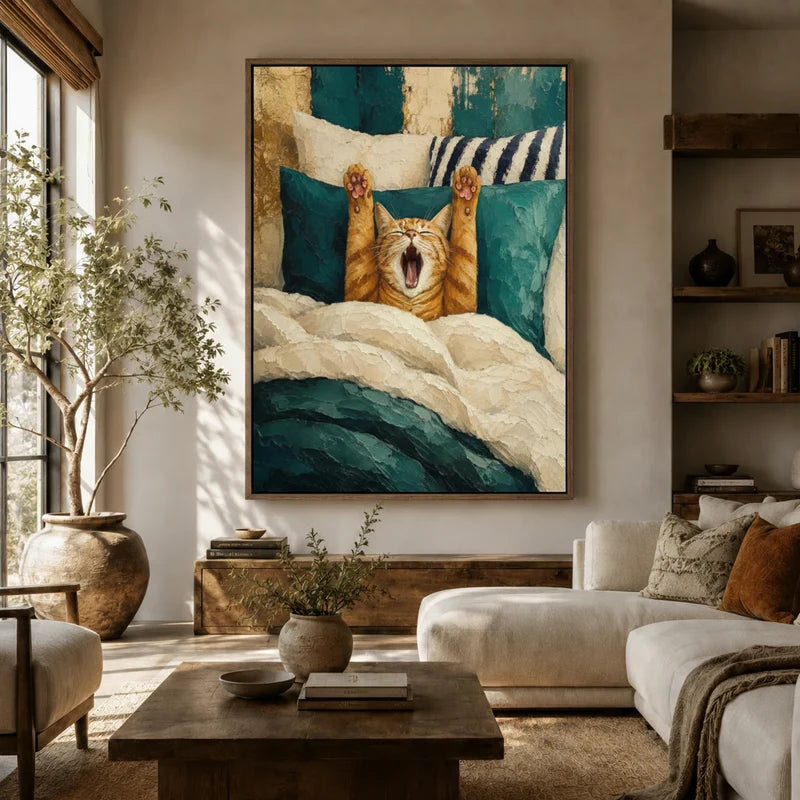 Large funny cat yawning impasto canvas wall art above sofa in warm boho living room