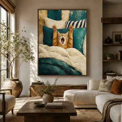 Large funny cat yawning impasto canvas wall art above sofa in warm boho living room