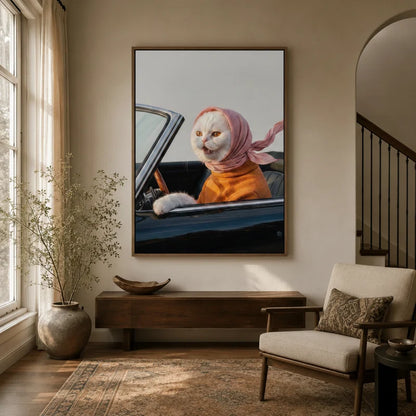 White cat in pink headscarf driving vintage car canvas art displayed in a warm neutral entryway with arched doorway