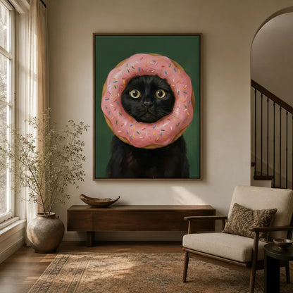 Whimsical black cat donut portrait canvas art displayed in a bright modern entryway with neutral decor