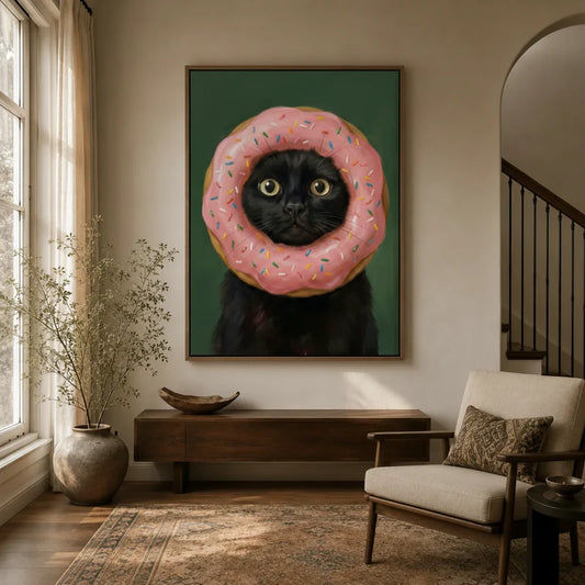 Whimsical black cat donut portrait canvas art displayed in a bright modern entryway with neutral decor
