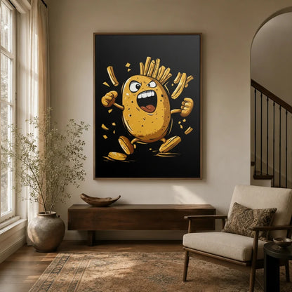 Framed angry potato cartoon canvas displayed in a bright modern entryway above a console table