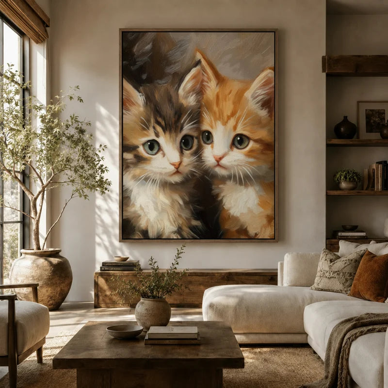 Large vintage cat portrait canvas wall art above sofa in cozy living room