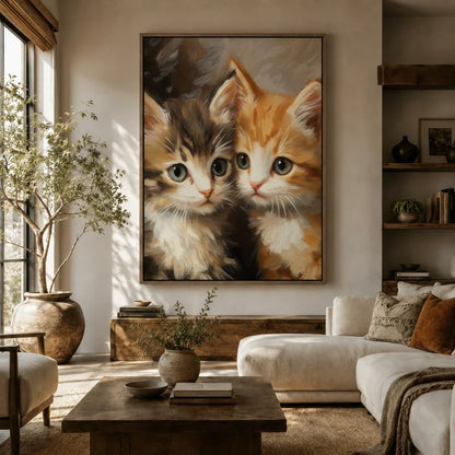 Large vintage cat portrait canvas wall art above sofa in cozy living room