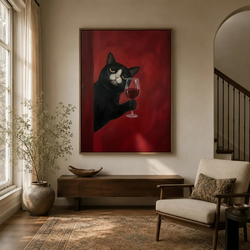 Moody tuxedo cat red wine canvas art in walnut float frame displayed in a warm neutral entryway with wood console and arched staircase